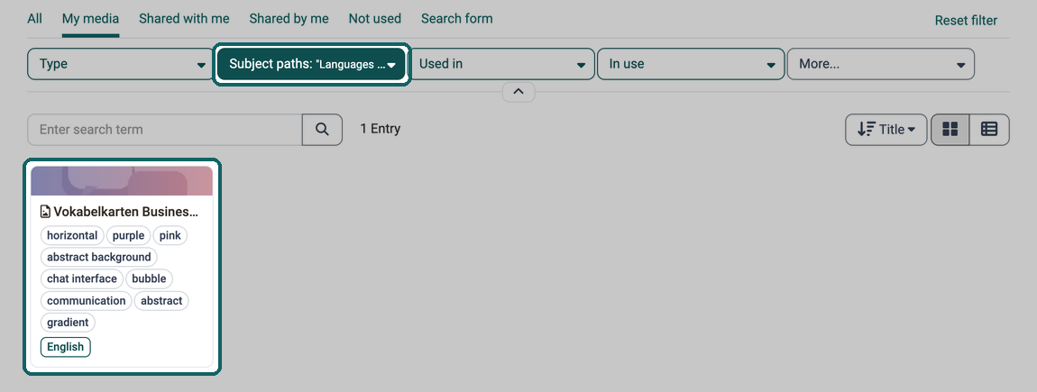 In the Media Center, the filter Subject paths is set to Languages / English, the list only shows the media item with the subject English