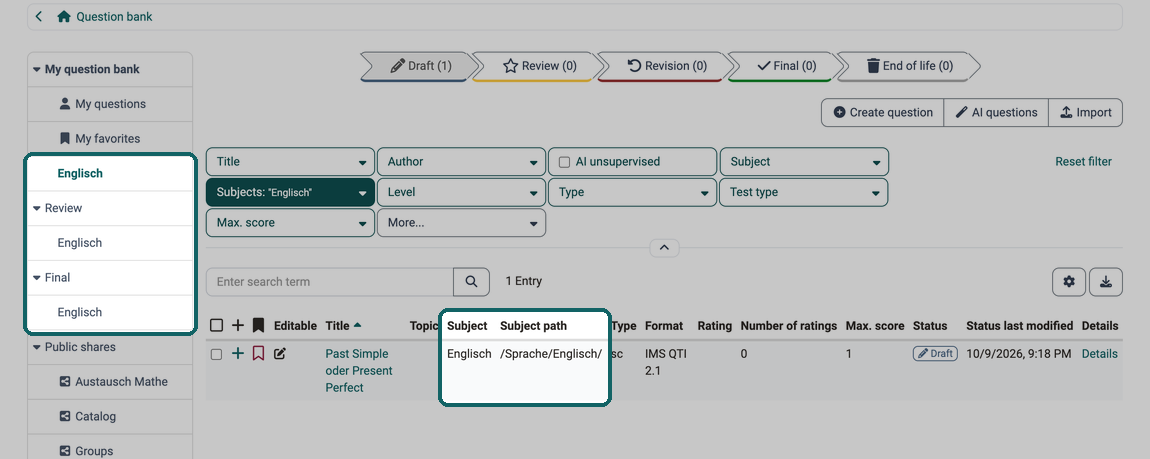 A person with the Teach competence on the subject Englisch sees it in the menu of the question bank, the list shows the questions of this subject
