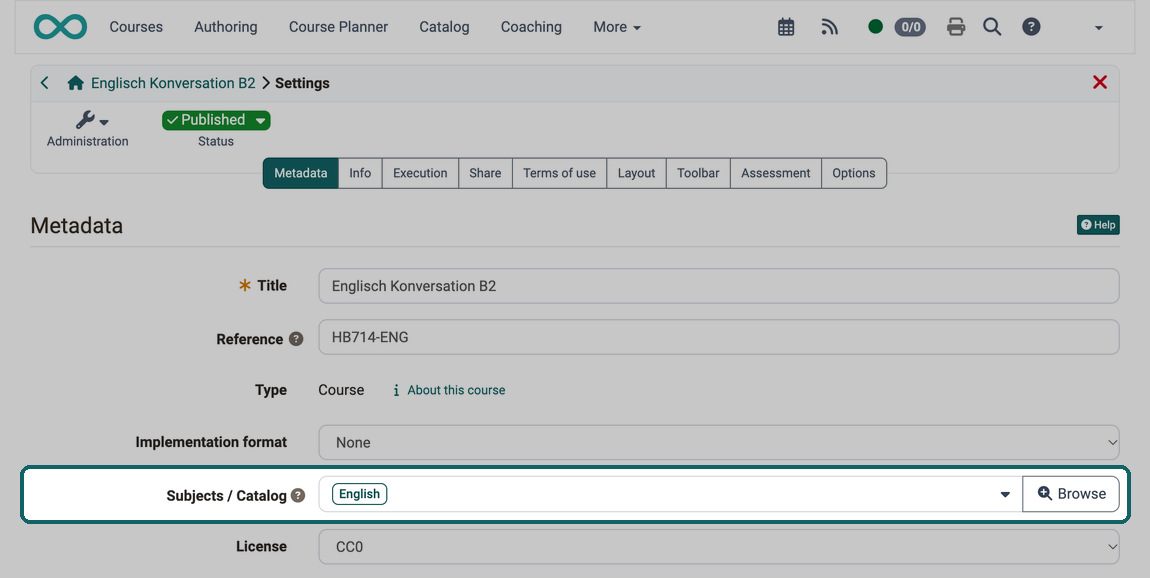 In the field Subjects / Catalog, the subject English is assigned to the course