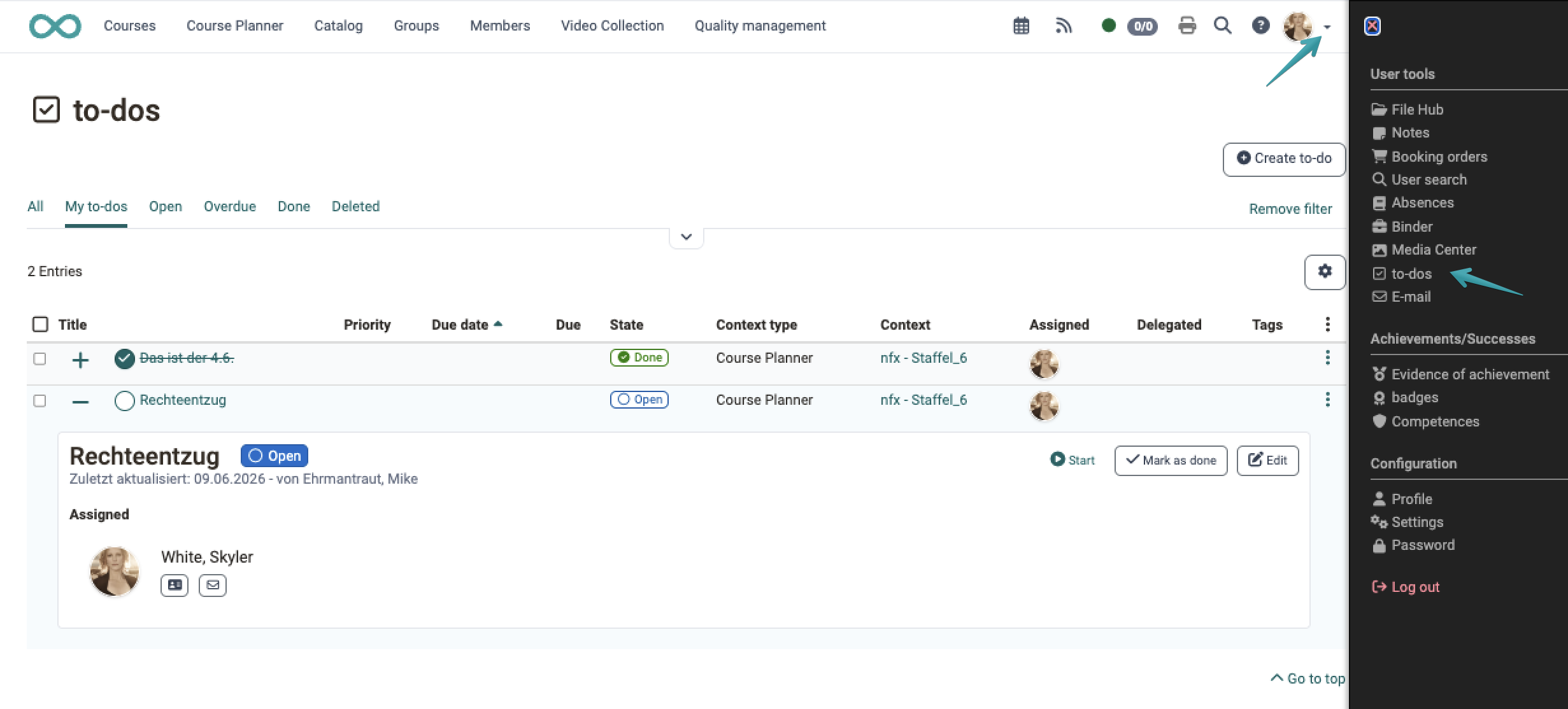 The personal to-do list with status circles, the Context type and Context columns and an expanded detail area with the Start, Mark as done and Edit actions