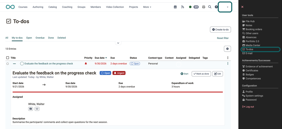 Status circles, Context type and Context columns, expanded detail area with Start, Mark as done and Edit, on the right the marked entry To-dos in the personal menu