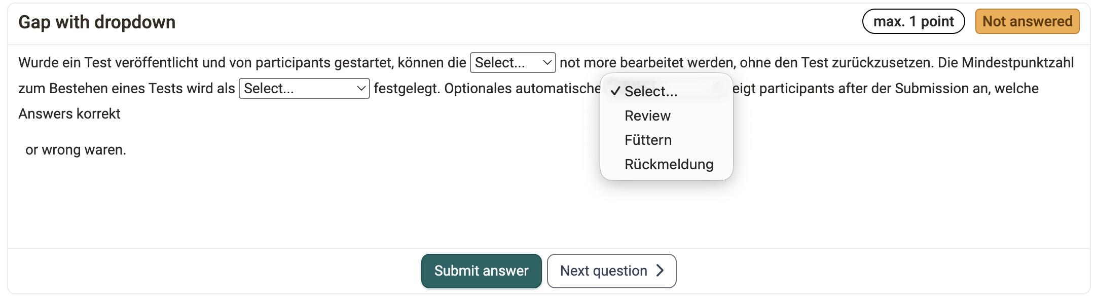 Gap text with dropdown in the participant view
