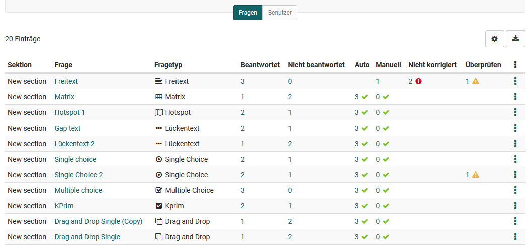 Tab Questions in the grading tool: list of all test questions with the columns Auto, Manual, Not corrected and Review.