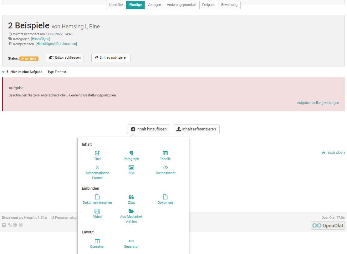 Entry in the Portfolio Editor with the assignment and the open "Add content" menu with the content element options