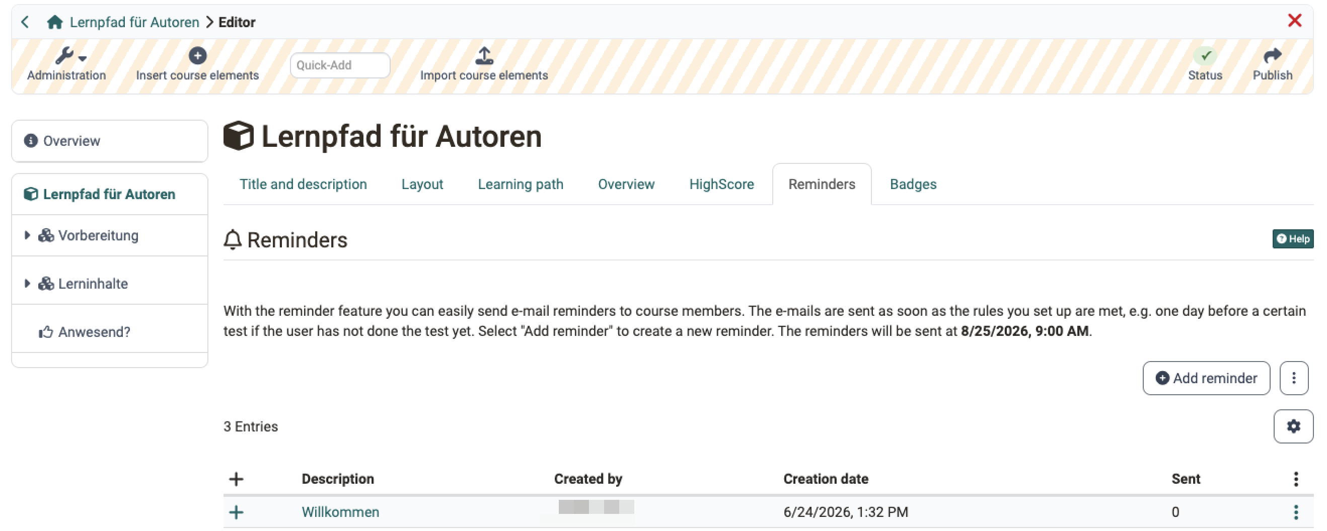 The topmost entry of the course structure carries the symbol of the course, the subordinate structure elements carry the symbol of the structure element. Course root node in the course editor of a learning path course, tab "Reminders" open.