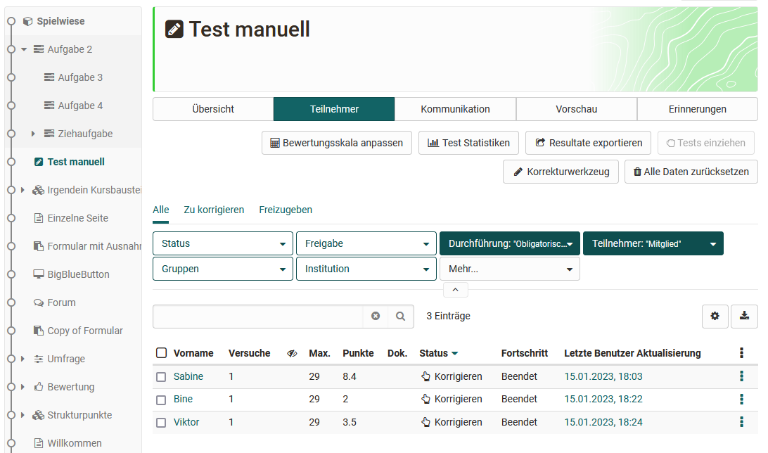 Tab Participants of a test course element in the course run, with the additional tabs Communication, Preview and Reminders.