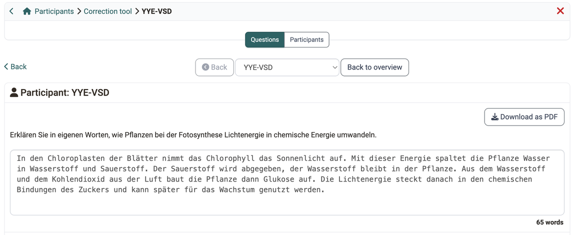 Answer to an essay question in the grading tool: the "Download as PDF" button is at the top right, with anonymous correction the participant identifier appears instead of the name.