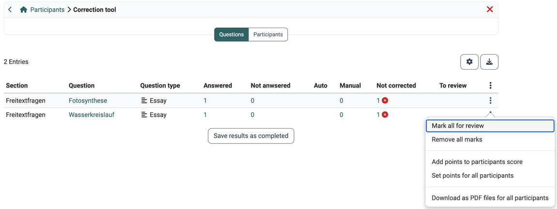 Tab "Questions" in the grading tool: the menu with three dots at the end of an essay question's row contains the action "Download as PDF files for all participants".