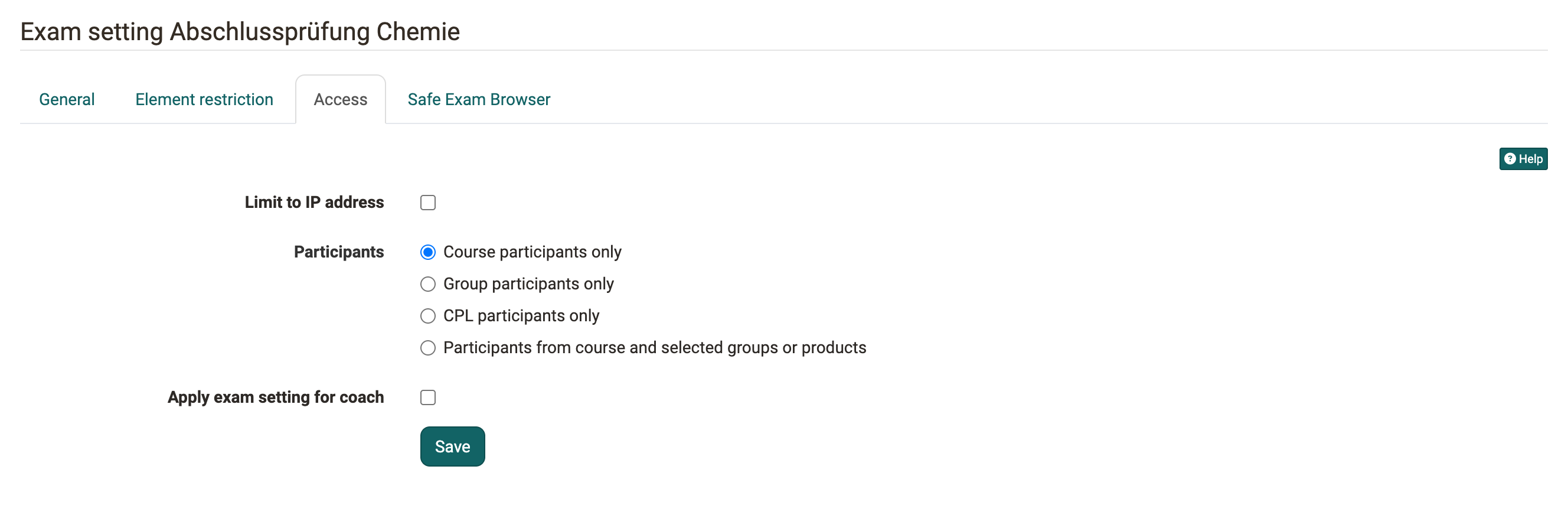 Checkbox "Limit to IP address", the four options under "Participants" and the checkbox "Apply exam setting for coach"