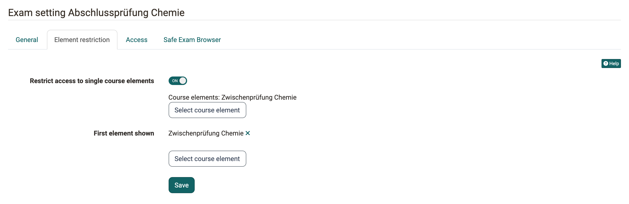 Switched-on toggle "Restrict access to single course elements" with the selected course element and the first element shown