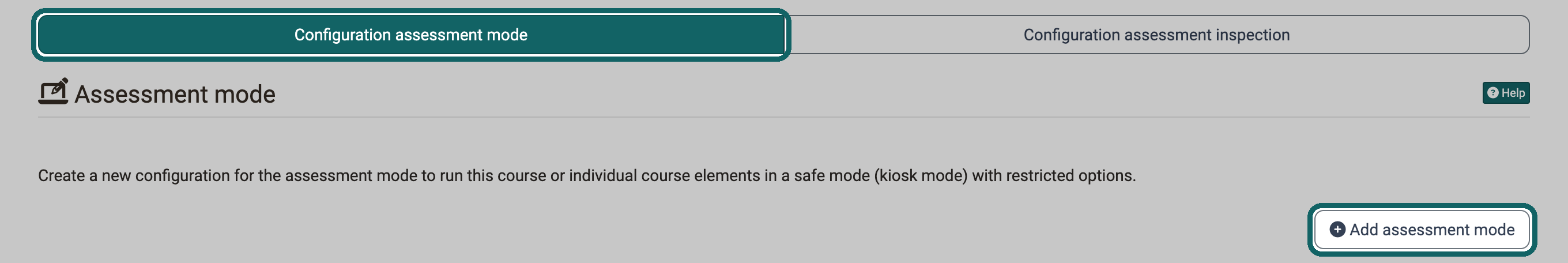 Tab "Configuration assessment mode" and button "Add assessment mode" marked