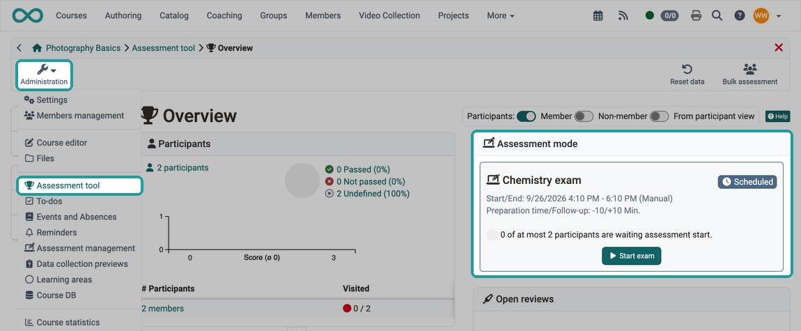 Assessment mode tile with button "Start exam" marked