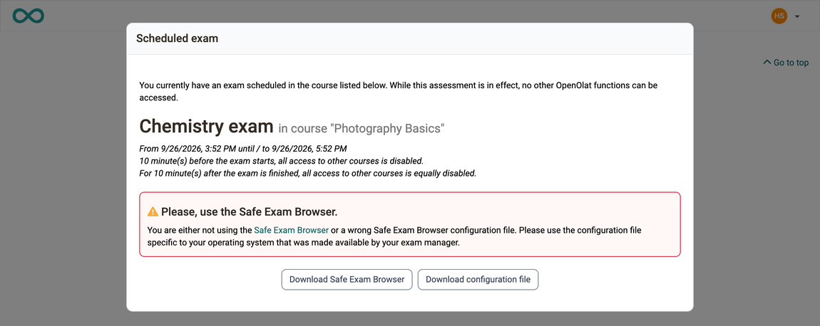 Dialog "Scheduled exam" with course, time period, lock notices and the request to use the Safe Exam Browser