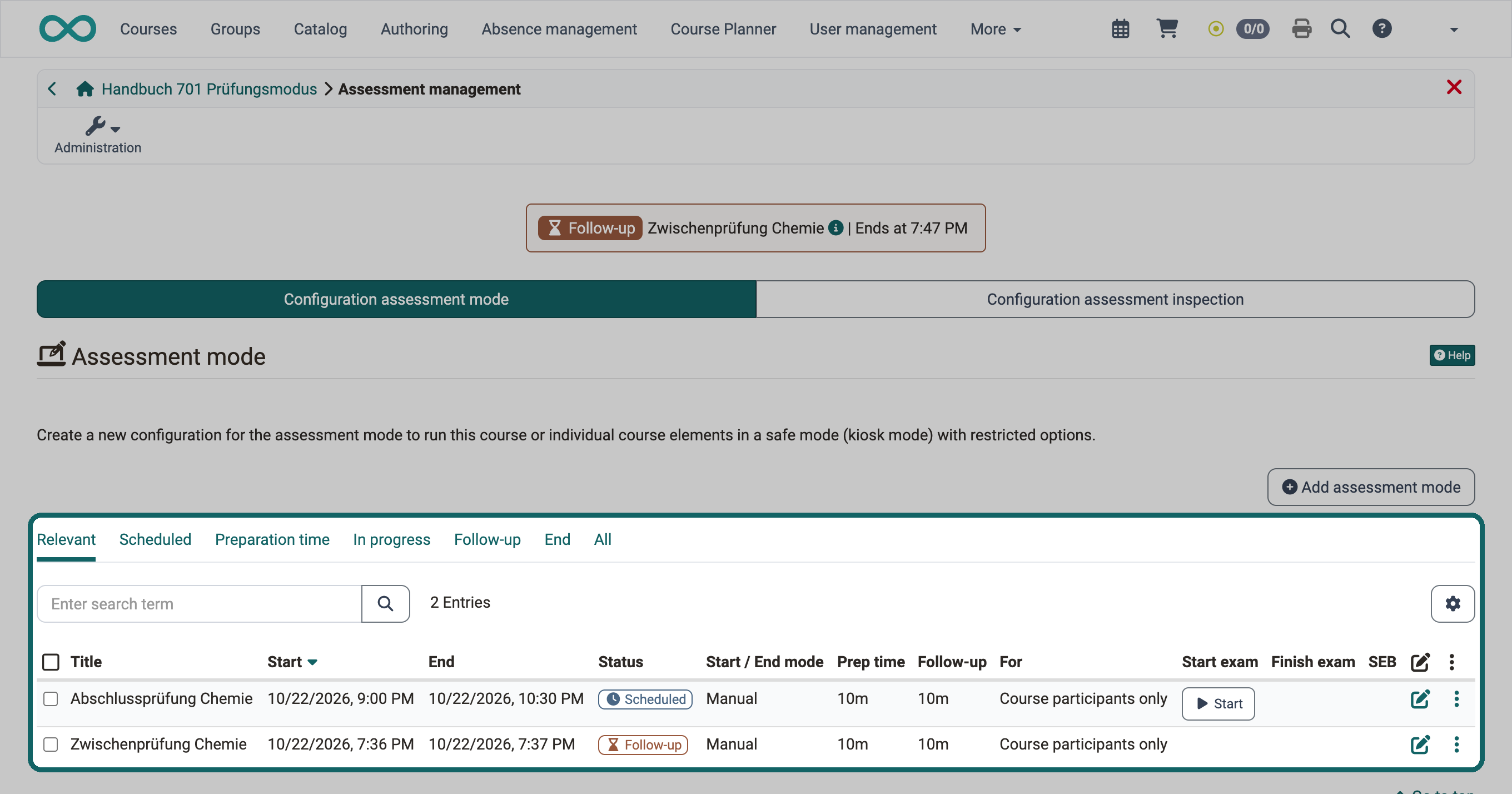 List of the assessment modes with filters by status, showing a scheduled exam with the button "Start" and an exam in the follow-up, each with prep time, follow-up and target group