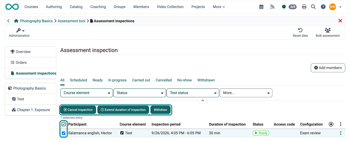 Assessment inspection list in the assessment tool Buttons "Cancel inspection", "Extend duration of inspection" and "Withdraw" marked