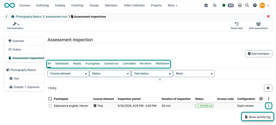 Assessment inspection list in the assessment tool Status tabs above the table and menu item "Show activity log" in the row menu marked