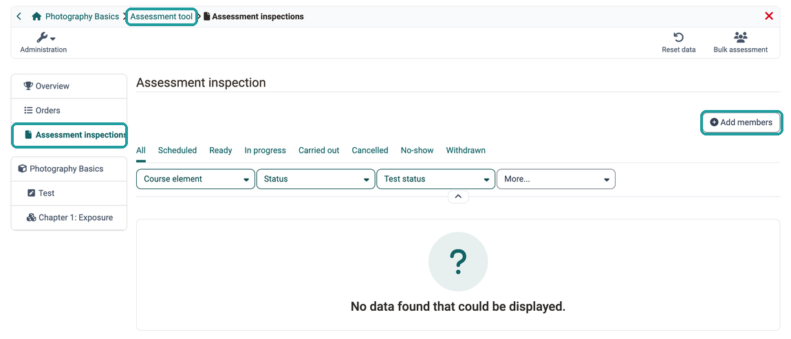 Assessment tool of a course Menu entry "Assessment inspections" and button "Add members" marked