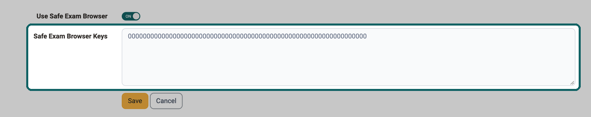 Switched-on toggle Use Safe Exam Browser with the read-only field Safe Exam Browser Keys