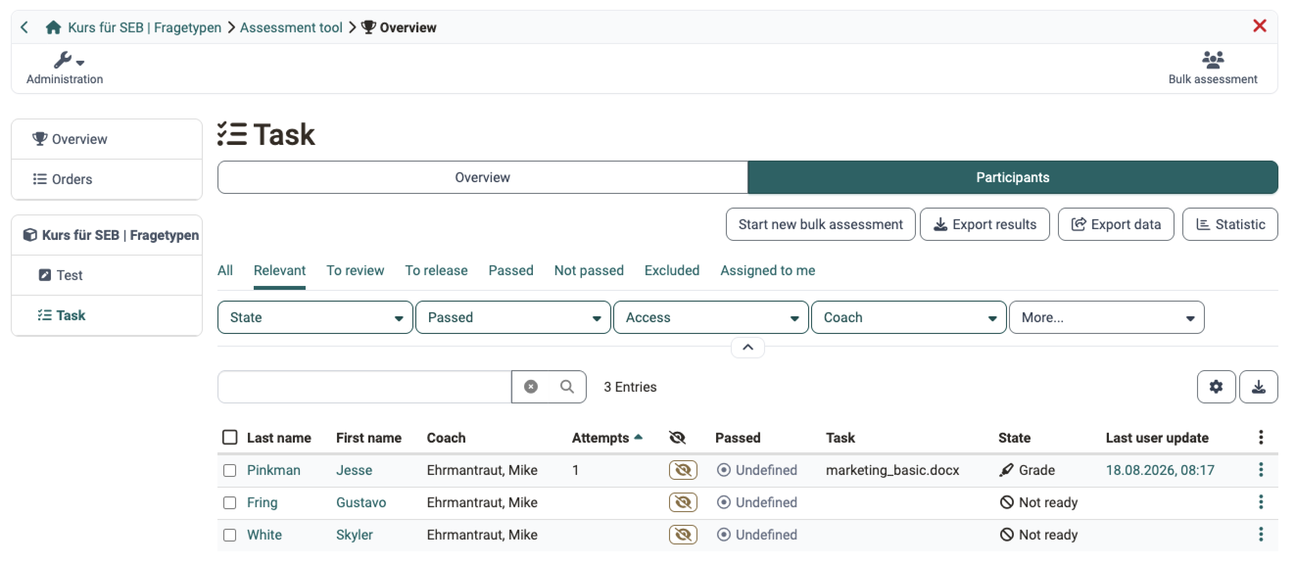 Above the participant list stand the actions "Start new bulk assessment", "Export results", "Export data" and "Statistic"; for each person the list carries Coach, Attempts, Passed, Task, State and last update: tab Participants of the assessment tool