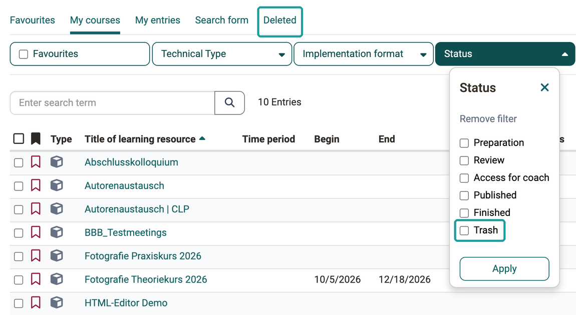 Option Trash in the opened Status filter, together with the Deleted tab, in the My courses tab of the authoring area