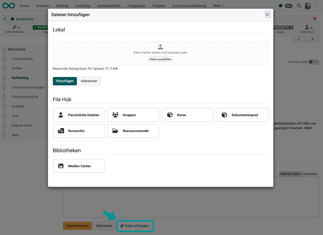 Add files dialog with local upload and selection from the File Hub for a comment