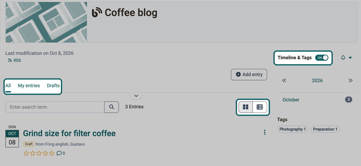 Filters All, My entries and Drafts, List view and Table view buttons and the Timeline & Tags toggle highlighted
