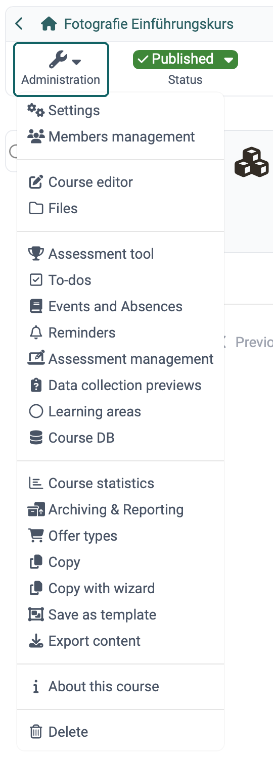 Course "Administration" menu of a learning path course with its options, from Settings and Members management via Course statistics and Copy to About this course and Delete