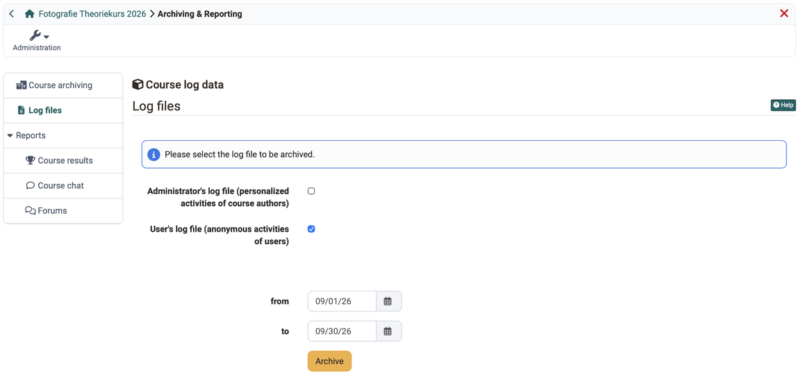Log files in the Archiving & Reporting tool · 2026.10.02 Choice between the admin log file and the statistics log file, statistics log file selected, period from and to set
