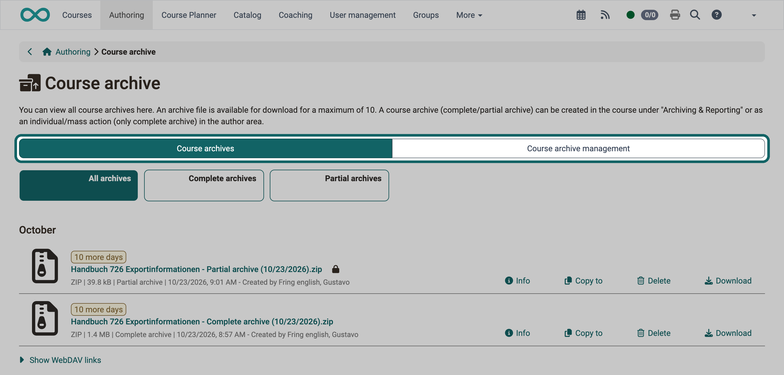 All your course archives at a glance: highlighted tabs Course archives and Course archive management above the list of ZIP files with Info, Copy to, Delete and Download
