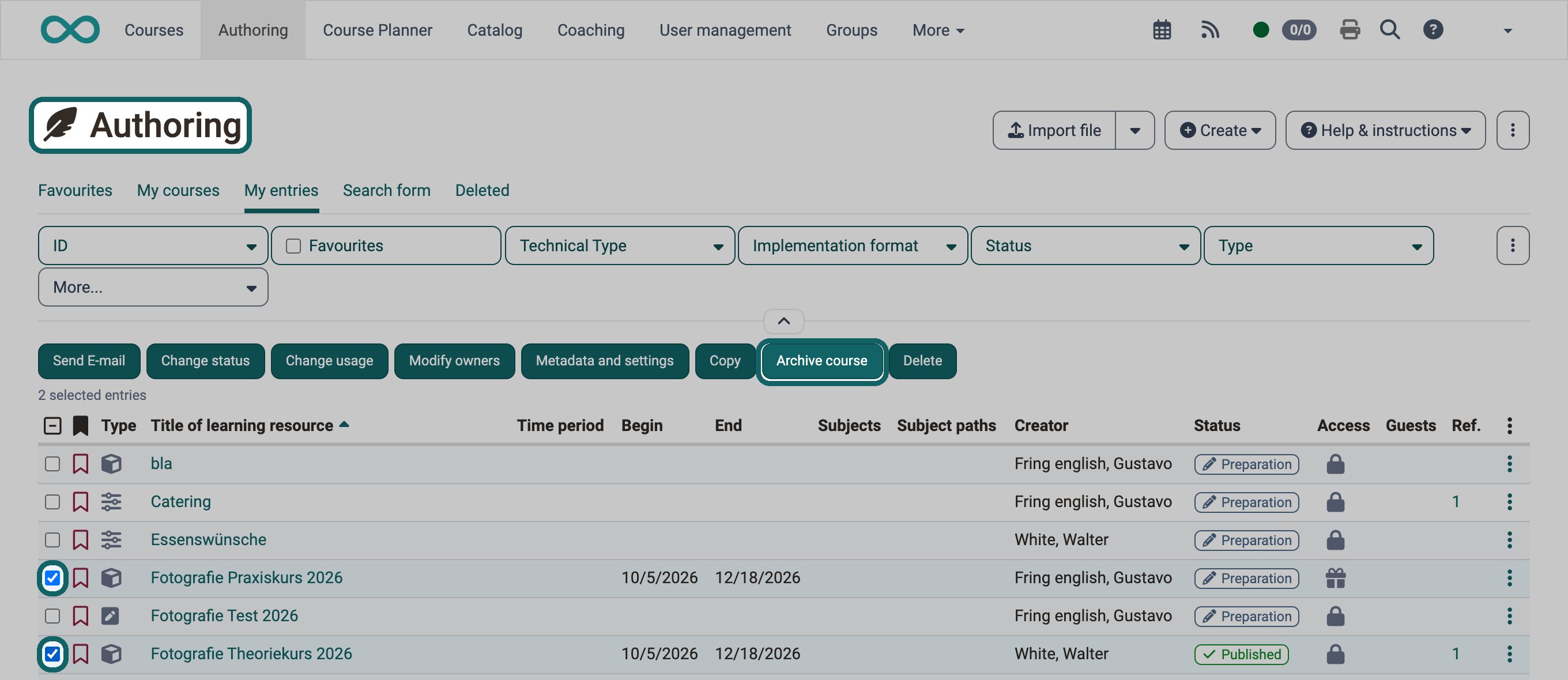 Archiving several courses at once: two selected courses in the first column, above them the button row with Archive course highlighted