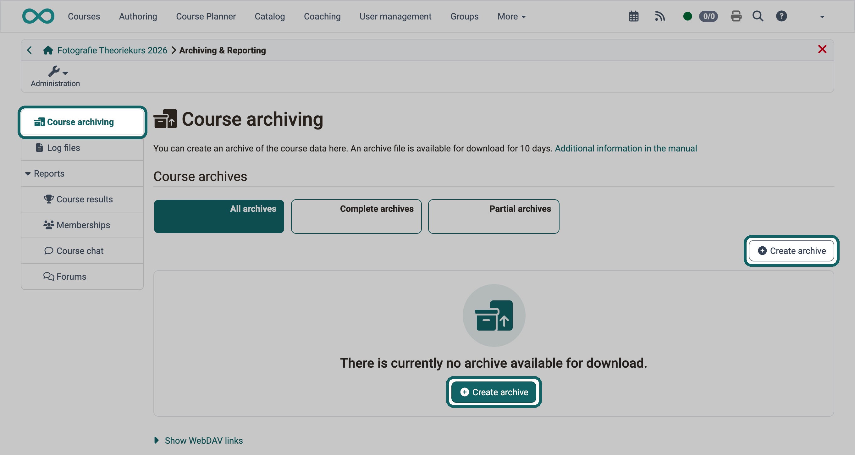 Starting an archive: on the left the highlighted menu entry Course archiving, on the right the highlighted Create archive buttons above and inside the empty archive list