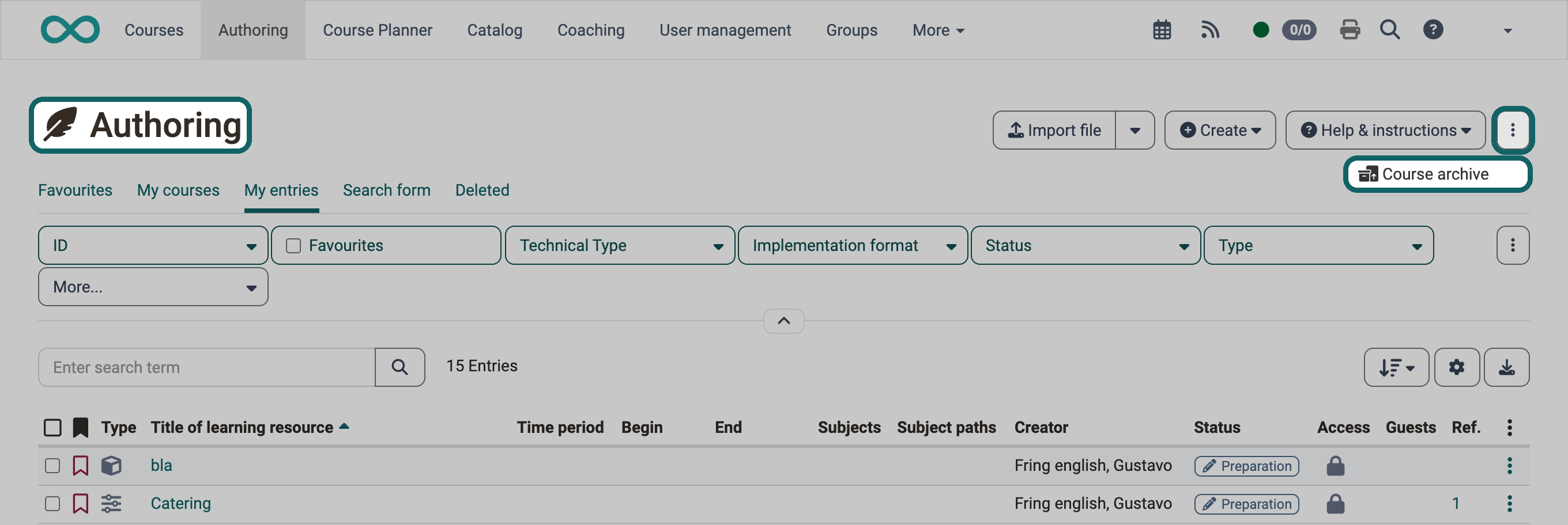 Finding the course archive: in the authoring area the open 3-dot menu on the far right of the top button row with the entry Course archive highlighted