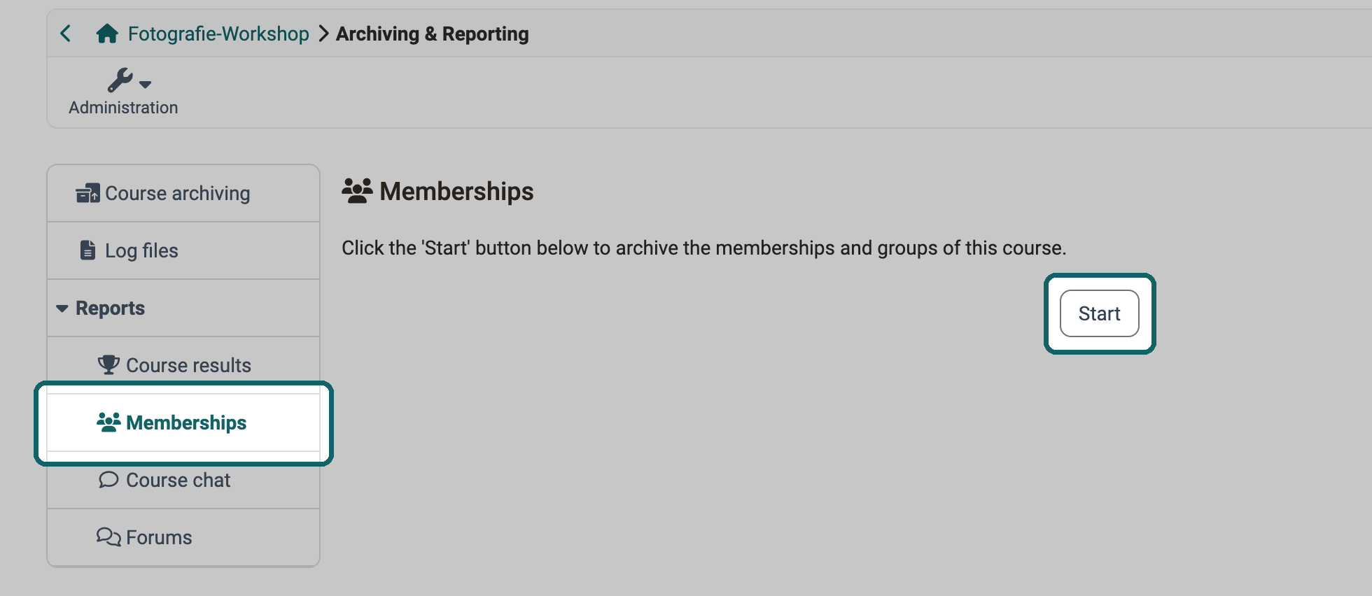 Download the file Memberships: in the expanded Reports menu the entry Memberships is highlighted, on the right the hint text and the highlighted Start button