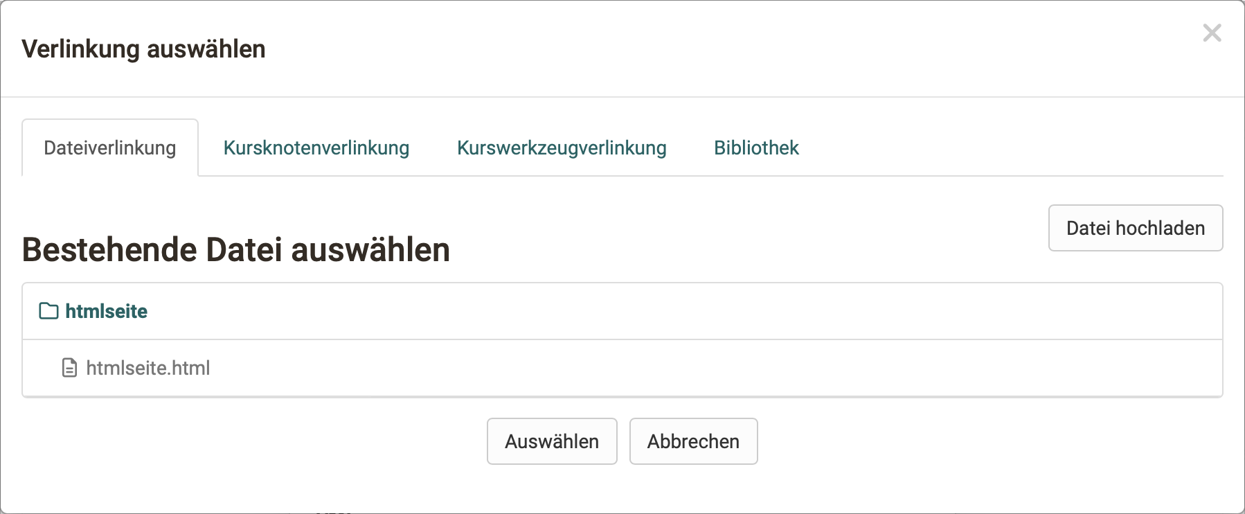 Four link types selectable: file link, course node link, course tool link, library