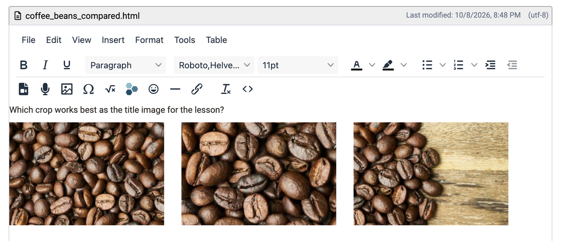Question and three photos in a row in the editing area, above them the menu bar and toolbar