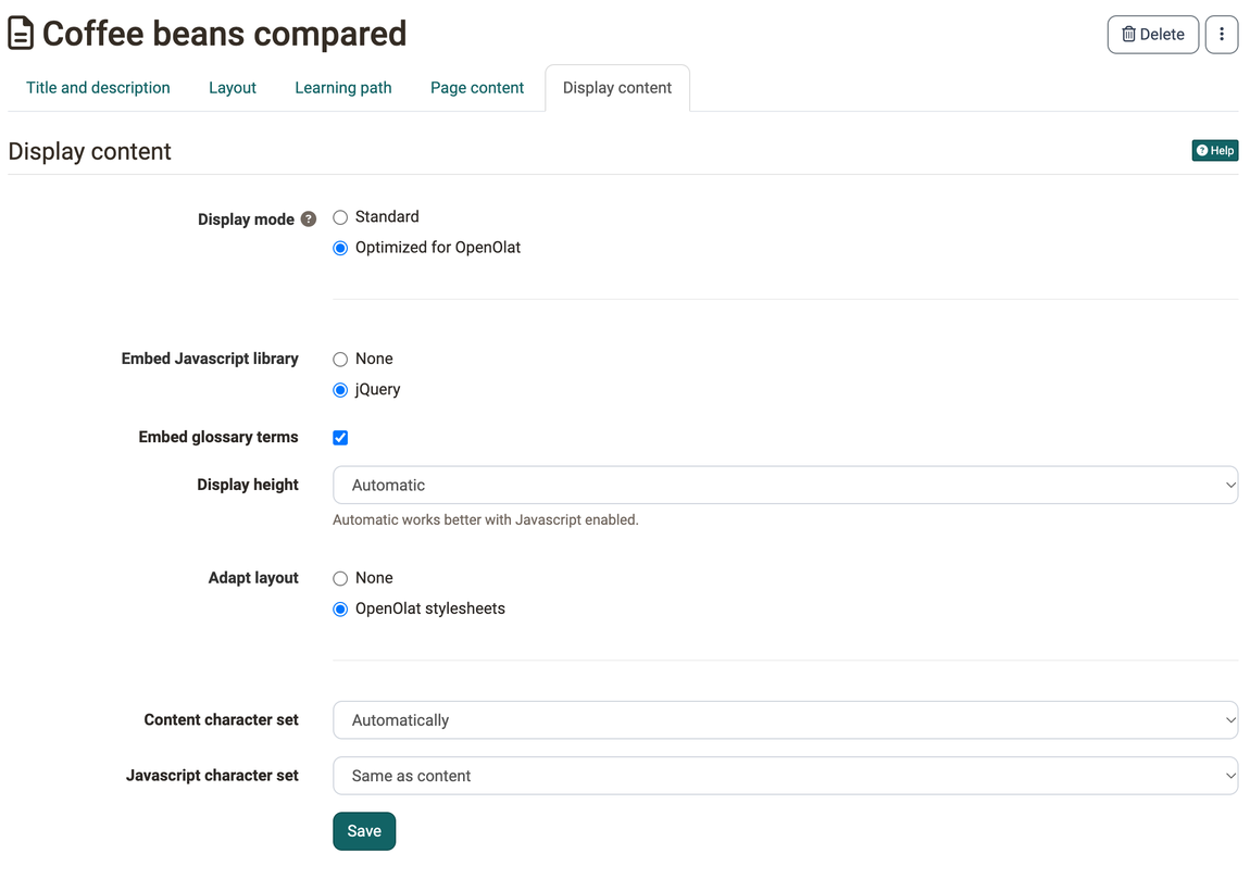 Settings for display mode, JavaScript with None or jQuery, glossary terms, height, layout and character set