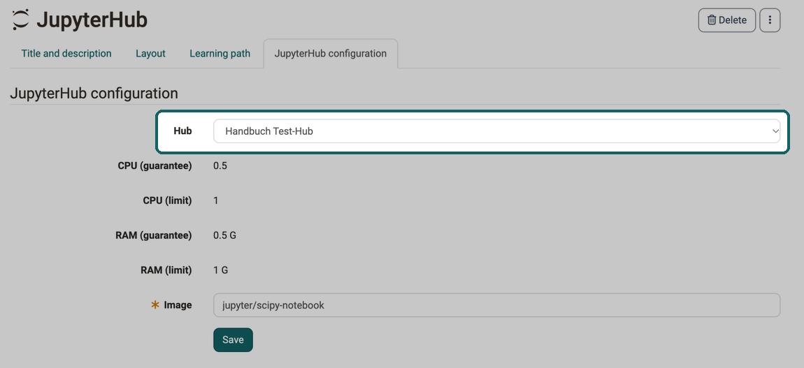 Hub field in the JupyterHub configuration tab: the selected hub determines the CPU and RAM values shown, below it the Image field