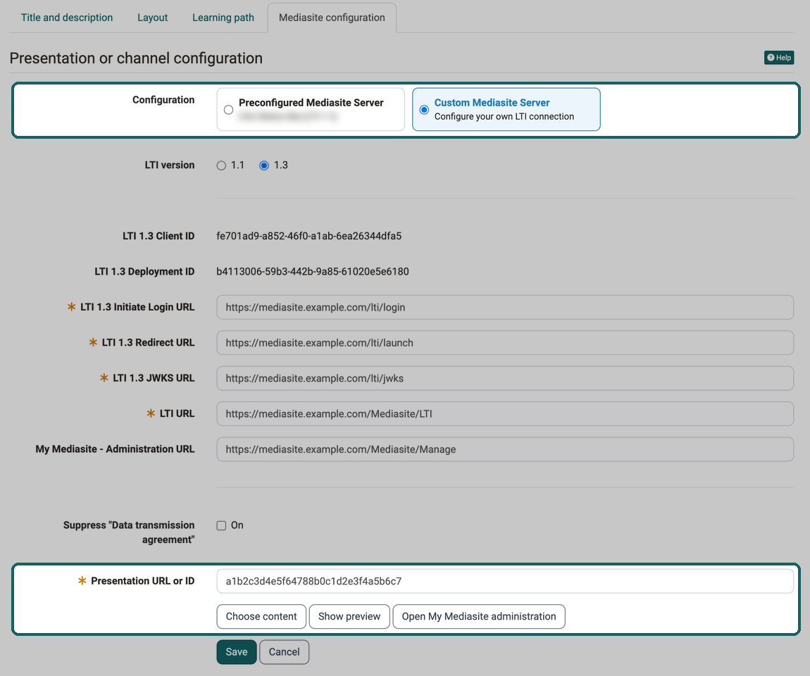 Card Custom Mediasite Server selected and field Presentation URL or ID with Choose content highlighted, the fields of the LTI 1.3 connection in between