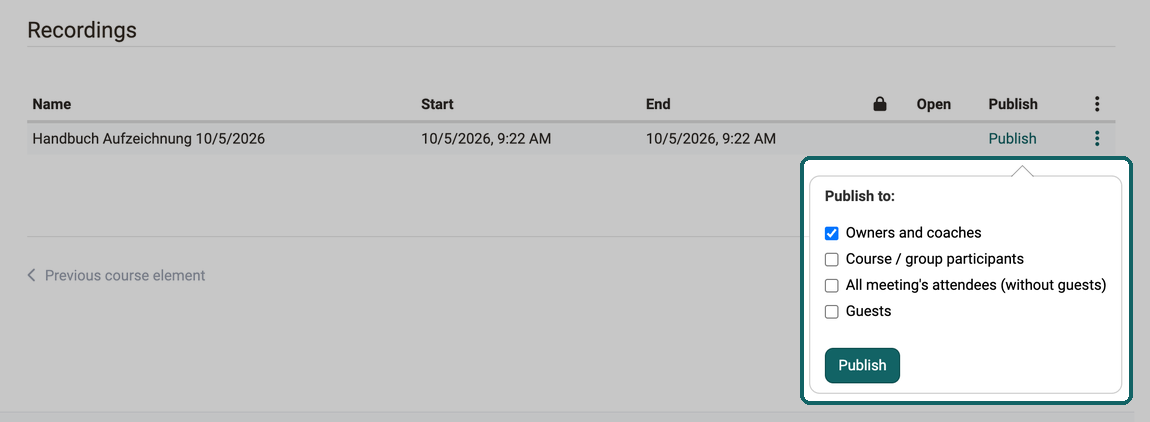 Four roles for publishing, only Owners and coaches checked, below it the button Publish