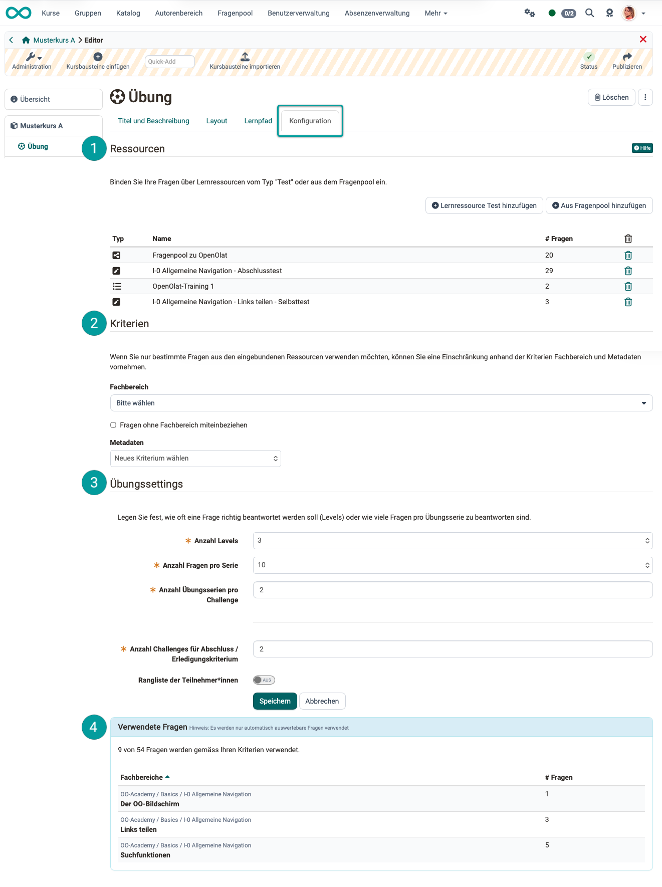 Configuration tab of the course element Practice with the sections Resources, Criteria, Practice settings and Used questions