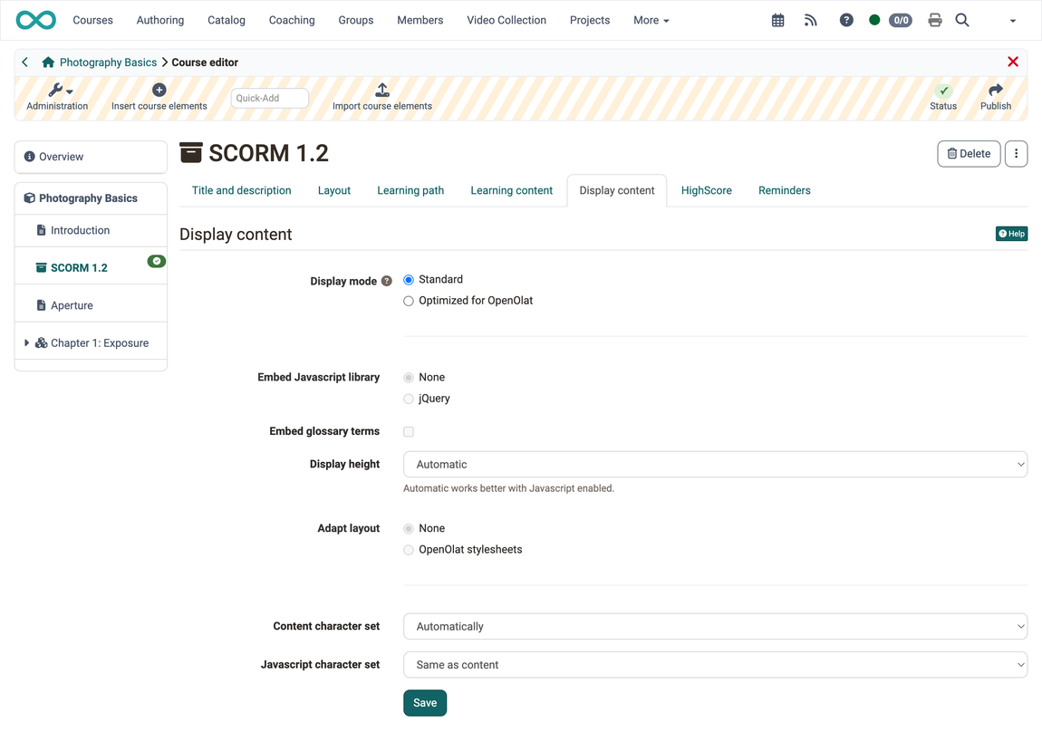 Display mode Standard selected, Javascript, glossary and layout therefore not selectable, height and character sets set to automatic, tab Display content in the course editor
