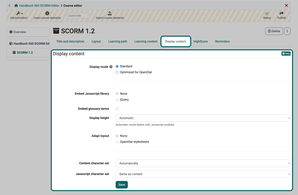 Display mode Standard selected, Javascript, glossary and layout therefore not selectable, display height and content character set set to automatic