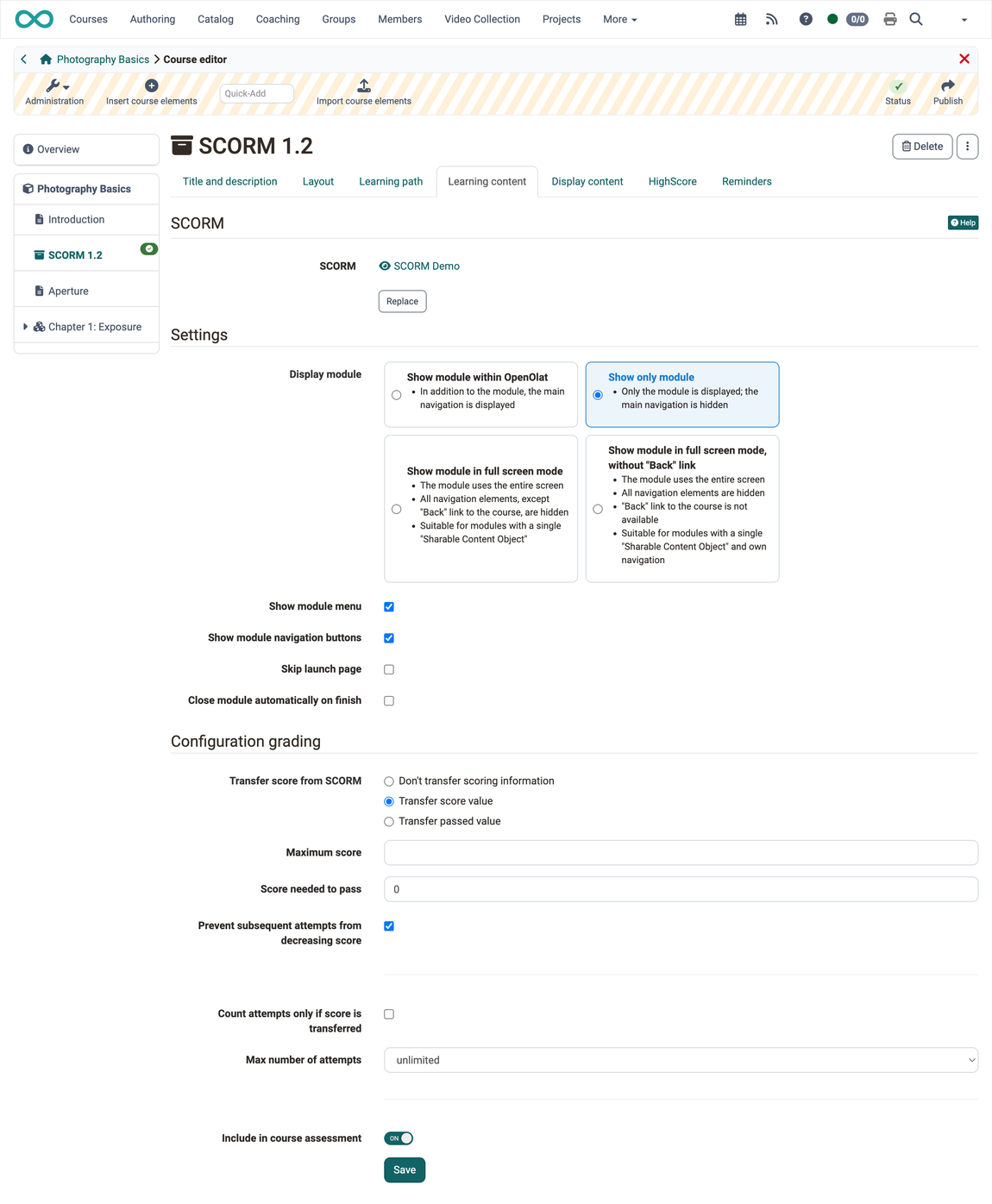 Package selection with button Replace, below it the areas Settings and Configuration grading with all fields, tab Learning content in the course editor