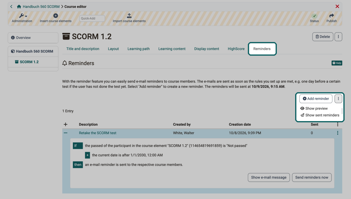 Add reminder button and menu with preview and sent reminders, below it one reminder with its rules