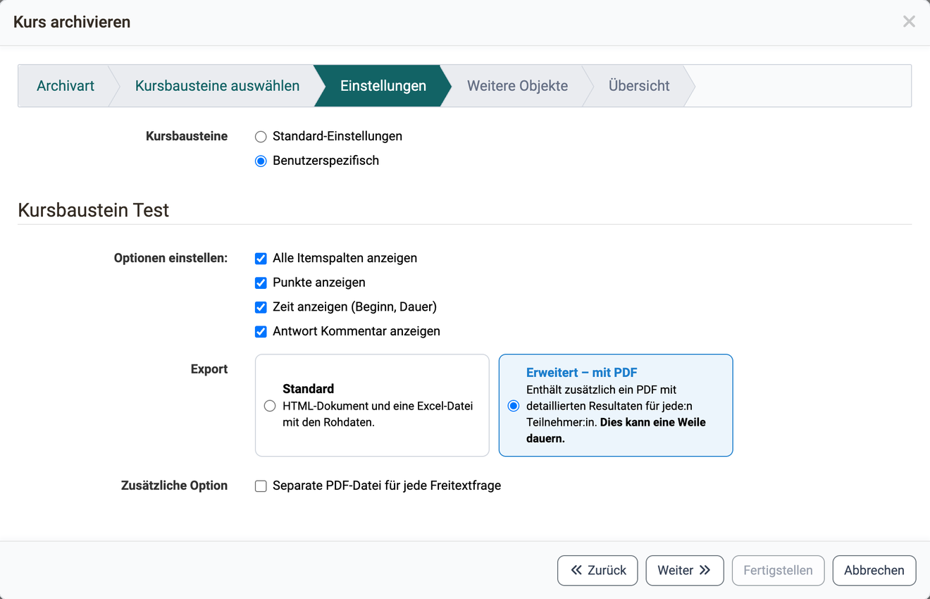 Export options for the course element Test in the wizard step Settings of the course archiving