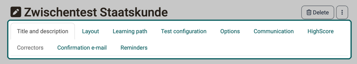 Ten tabs for configuring a course element Test, from Title and description to Reminders, the Correctors tab greyed out