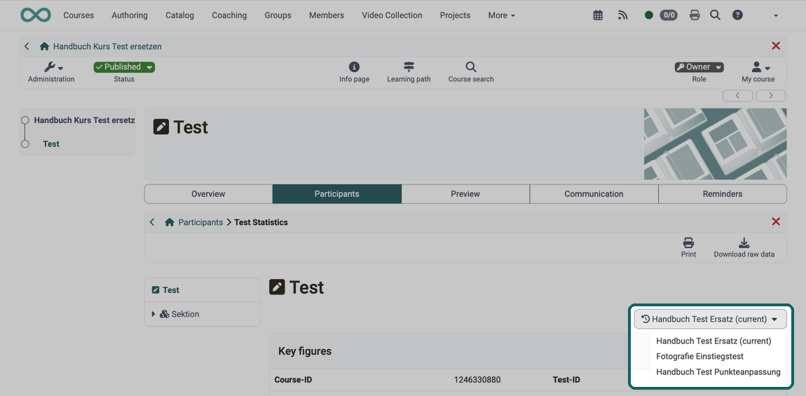 Selecting the test version after replacing the test learning resource
