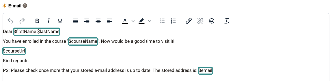 Marked variables $firstName, $lastName, $courseName, $courseUrl and $email in a sample text, field E-mail in the step E-mail message of the reminder