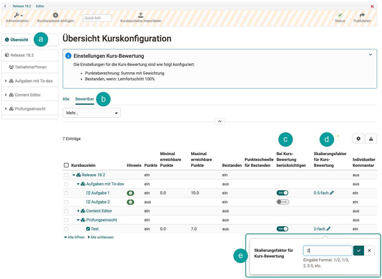 Course configuration Course configuration overview with the "Assessable" pre-filter and the columns "Include in course assessment" and scaling factor, with the input field for the scaling factor open