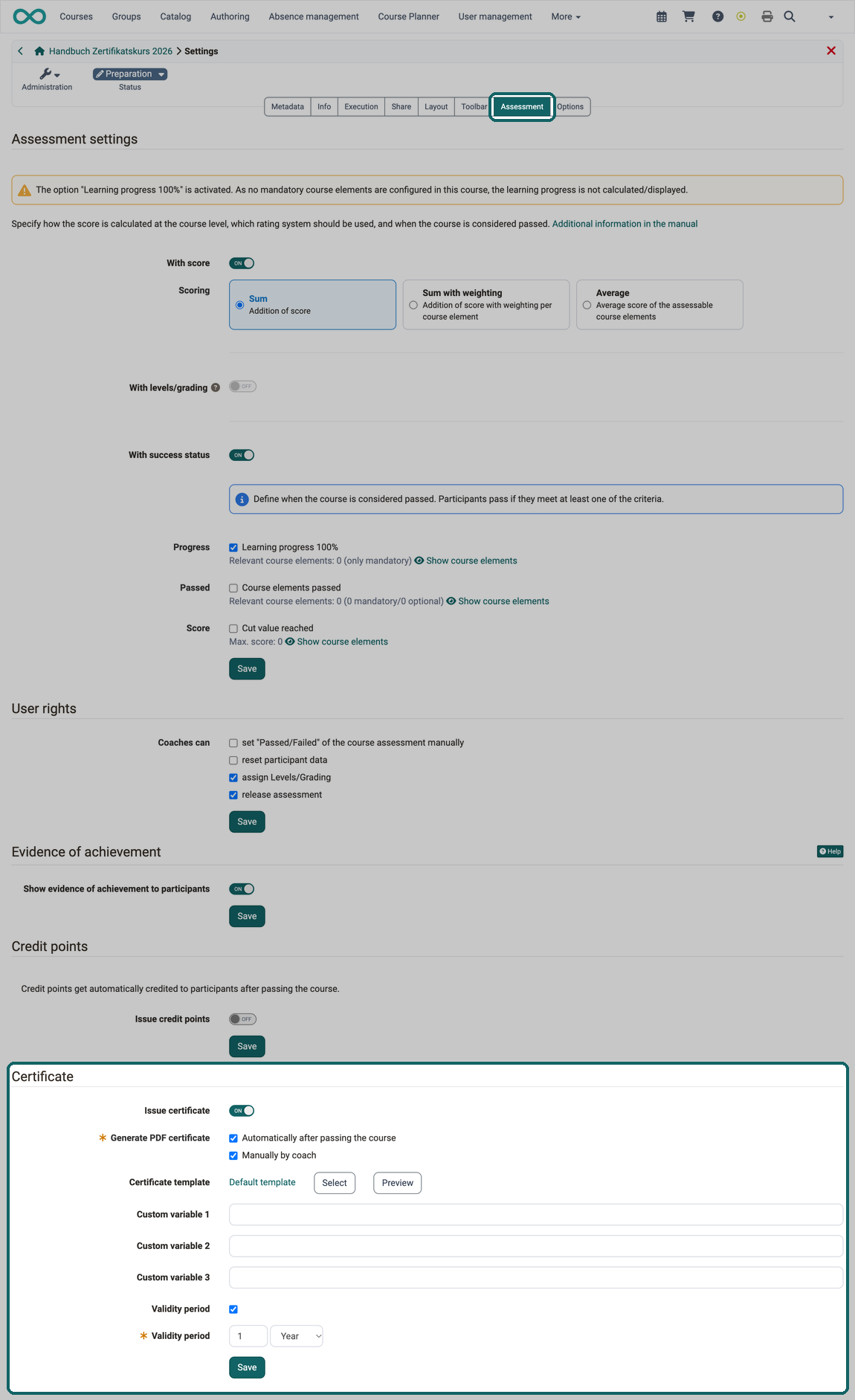 Certificate section with Issue certificate, Generate PDF certificate, Certificate template, Custom variable 1 to 3, Validity period checkbox and Validity period field with number and unit